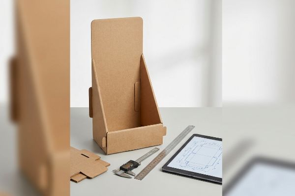 Brown corrugated cardboard display prototype, digital caliper, ruler, and tablet showing a dieline for structural engineering validation.