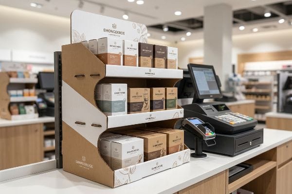 A retail checkout counter features a three-tiered EMONGGEKROE cardboard display with packaged products, next to a cash register and payment terminal.