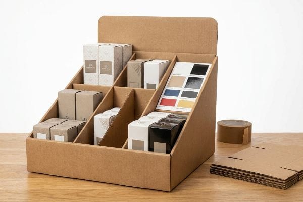 Kraft cardboard counter display filled with various product boxes and a color swatch card.