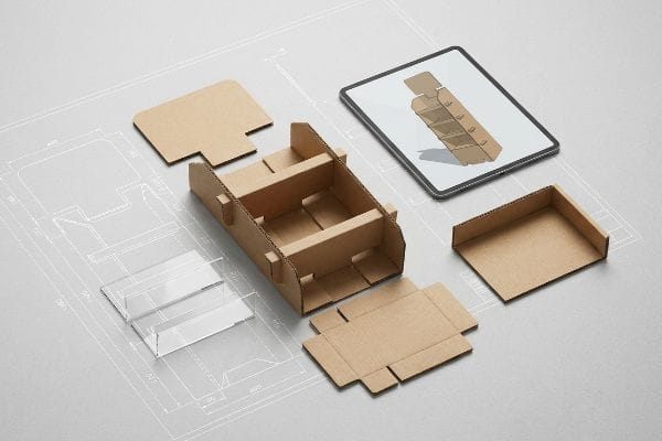Cardboard display stand components, flat-packed and assembled, are arranged with a tablet showing a 3D render, illustrating structural design.