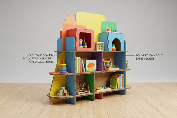 Colorful cardboard display shelf with Non-Toxic Soy Ink & Aqueous Varnish, CPSIA Compliant, and Rounded Wave-Cut Safety Edges, filled with children's books and toys.