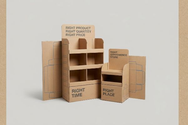 Brown kraft cardboard retail display units and flat sheets, featuring the 5 R's of retailing: Right Product, Right Quantity, Right Price, Right Time, Right Place, and Right Convenience Store.