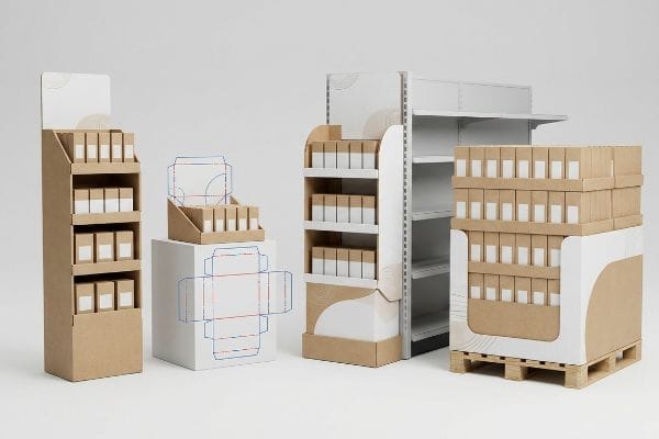 Retail Display Units Mockup Kraft cardboard retail displays: floor, countertop, pallet units, and a die-cut template for packaging.