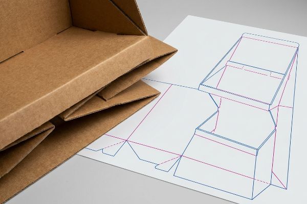 Partially assembled brown corrugated cardboard display next to its die-cut prepress design template with blue and magenta lines.