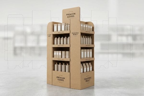 Multi-tiered kraft cardboard end-of-aisle display featuring Premium Goods and Seasonal Select products in bottles and boxes.