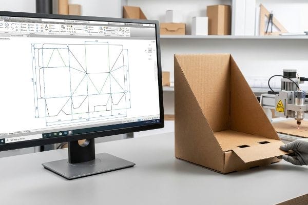 Corrugated cardboard display stand assembly next to a monitor displaying its CAD dieline, emphasizing precise bend allowances and interlocking tabs.
