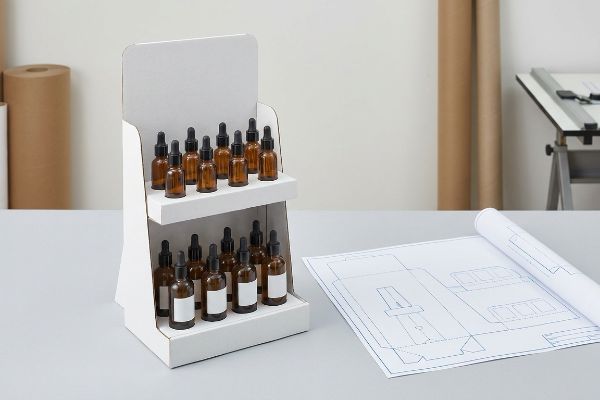 White cardboard countertop display unit with amber glass dropper bottles, alongside a dieline blueprint, illustrating packaging stability.