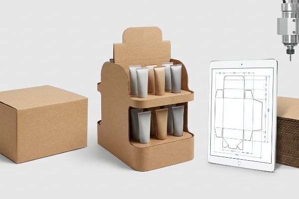 Brown corrugated cardboard POP display with cosmetic tubes, a digital dieline on a tablet, and a CNC cutting head for retail packaging.