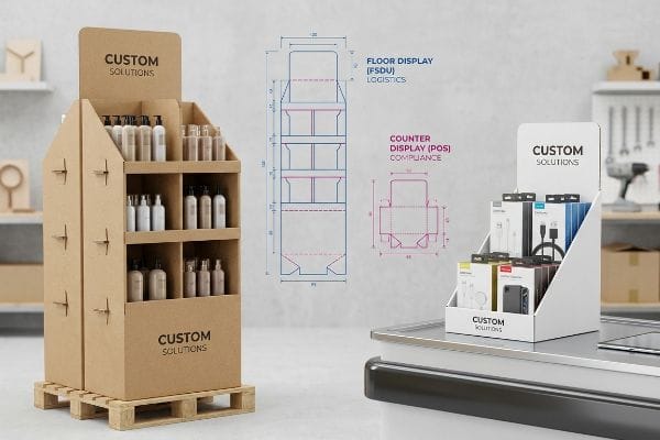 Kraft cardboard Floor Display (FSDU) with bottles on a pallet and white Counter Display (POS) with electronics, both branded 'Custom Solutions', alongside technical dielines for retail compliance.