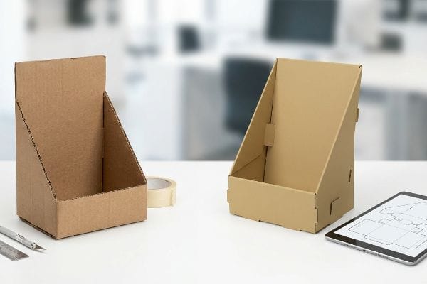 Unassembled corrugated cardboard display stands, with an exacto knife and a tablet showing a dieline.