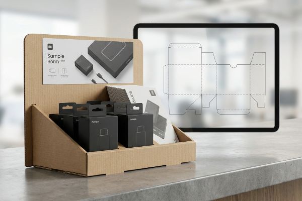 A retail display of corrugated cardboard holds black product boxes, while a tablet shows a packaging dieline. The header card advertises 'Sample Barm' products.