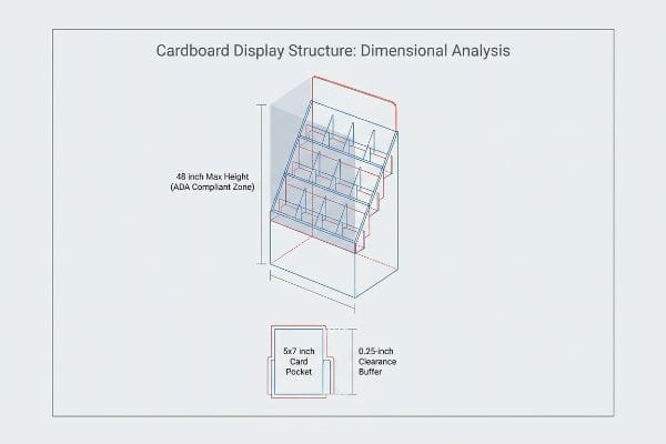A detailed wireframe diagram illustrates the cardboard display structure's dimensional analysis, showing a 48-inch Max Height (ADA Compliant Zone), 5x7 inch Card Pocket, and 0.25-inch Clearance Buffer.