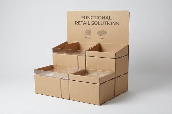 Un présentoir modulaire en carton kraft pour des solutions de vente au détail fonctionnelles, comprenant des étagères à plusieurs niveaux, des plateaux en plastique transparent et les inscriptions « Séparateur » et « Plateau ».