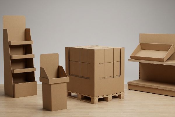 Cardboard retail display fixtures: floor stand, countertop unit, pallet display, and shelf tray on wood.