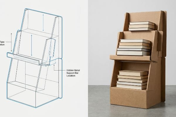 Brown corrugated cardboard display stand with a diagram showing vertical Flute Orientation and Hidden Metal Support Bar Location, loaded with books.