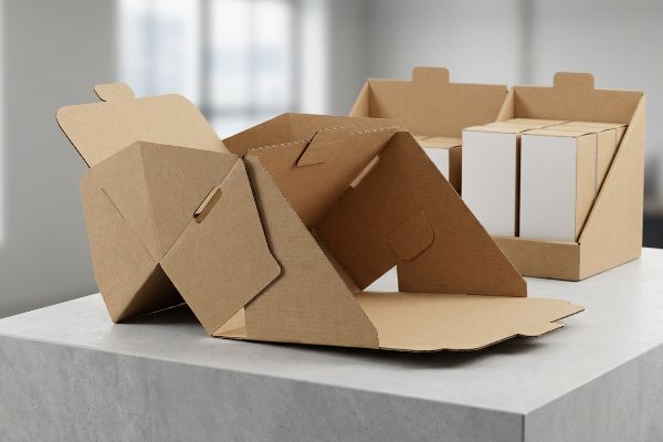 A partially assembled one-second cardboard display unit revealing its pre-glued folding structural mechanisms, beside a fully assembled retail display holding white product boxes, crafted from natural brown kraft cardboard.
