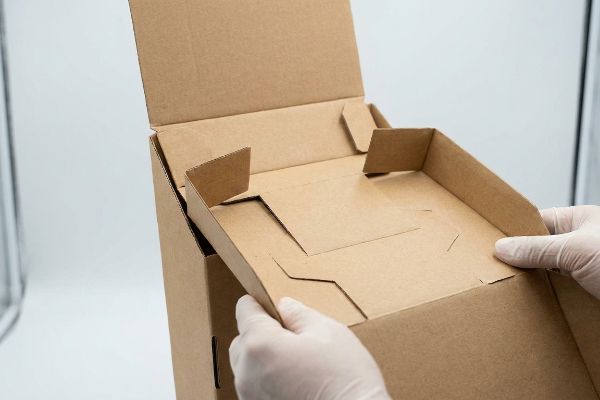 Des mains gantées présentent le système de pliage ingénieux d'un présentoir en carton brun, mettant en évidence les rabats internes pour une installation rapide.