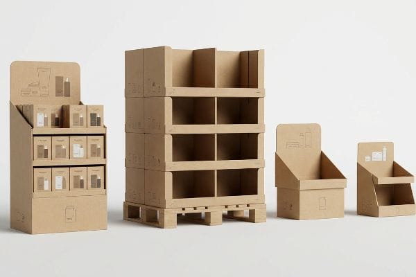 Kraft paperboard retail displays: a multi-tiered floor stand, a stacked empty pallet merchandiser, and two empty countertop units.
