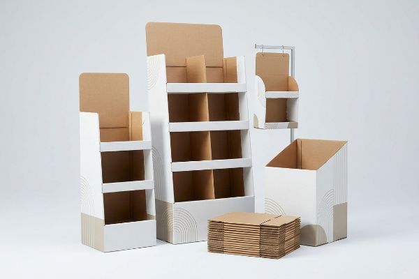 Empty cardboard floor stands, countertop unit, dump bin, and flat-packed boxes with geometric patterns.