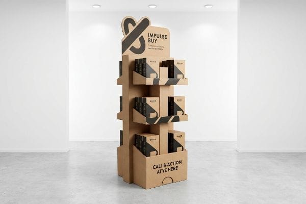 Corrugated cardboard retail display stand with black graphics, 'Impulse Buy' header, and 'Brand' product boxes, optimizing retail merchandising.