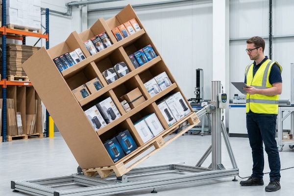Corrugated cardboard quarter-pallet display undergoing kinetic tilt testing, filled with retail products, observed by a man in a safety vest.