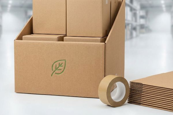 Eco-friendly corrugated cardboard quarter pallet display with a green leaf logo, alongside recyclable paper tape and flatpack boxes, in a warehouse setting.
