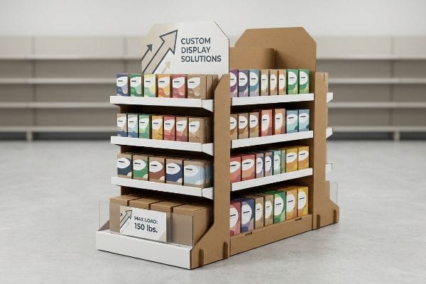 This corrugated cardboard end cap display features "Custom Display Solutions" signage and a "Max Load: 150 Lbs." label, stocked with colorful boxes.