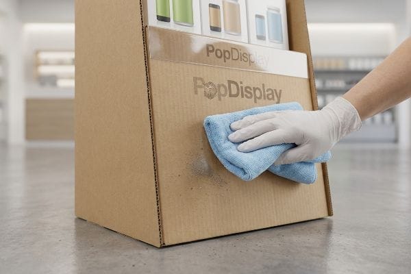 A gloved hand cleans a corrugated cardboard PopDisplay unit with a blue microfiber cloth, removing dirt from the standing display.