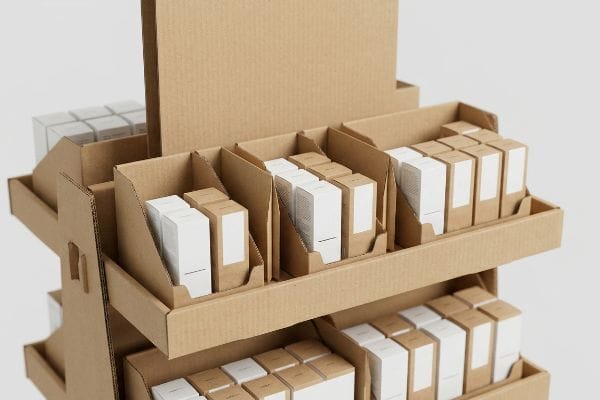 Natural brown corrugated cardboard retail display with modular dividers showcasing white and kraft product boxes in an asymmetrical arrangement.