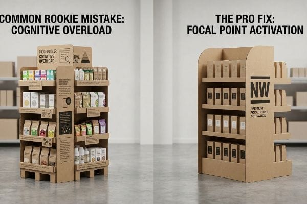 Corrugated cardboard displays contrasting Common Rookie Mistake: Cognitive Overload with The Pro Fix: Focal Point Activation, featuring NW branding.