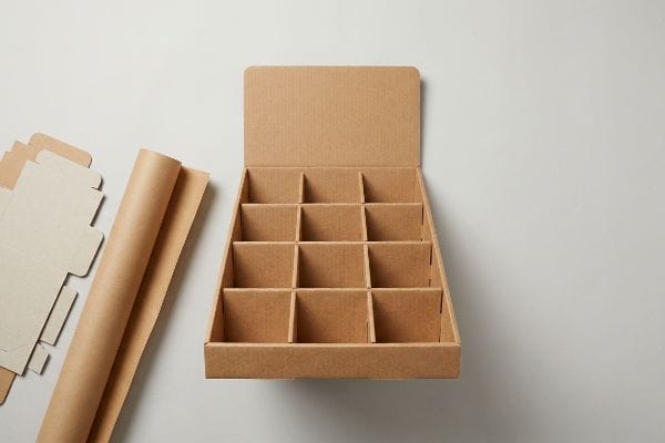 Présentoir PLV vide en carton ondulé brun, comportant 12 compartiments, emballage non assemblé et rouleau de papier kraft.