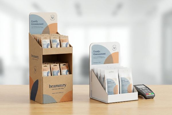 Two cardboard displays: a brown Brammry floor display and a white Tandy Gronnmount countertop display, showcasing product pouches and a POS terminal.
