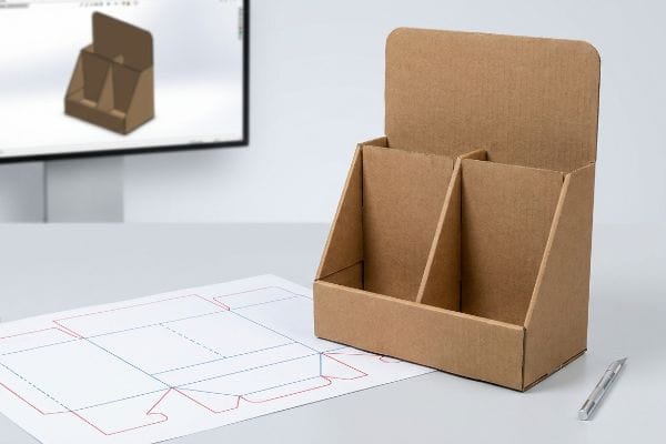 A brown corrugated cardboard retail display stand, dieline printout, and 3D engineering model on a monitor, illustrating display prototyping.