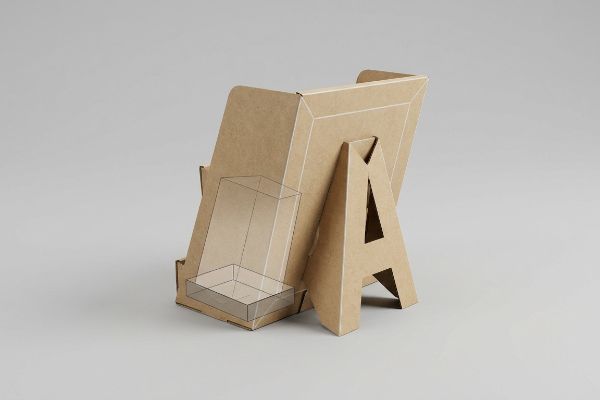 Kraft cardboard countertop POS display with a sturdy rear easel and transparent product holder design overlay.