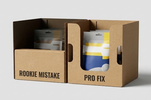 Display Mistake Pro Fix Corrugated cardboard display boxes contrasting 'Rookie Mistake' with hidden products and 'Pro Fix' with visible blue and yellow stand-up pouches, highlighting retail product visibility.