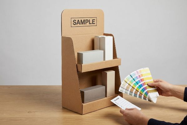 Uma pessoa avalia um expositor de balcão de papelão com a inscrição "Amostra", comparando blocos protótipos e um catálogo de cores.