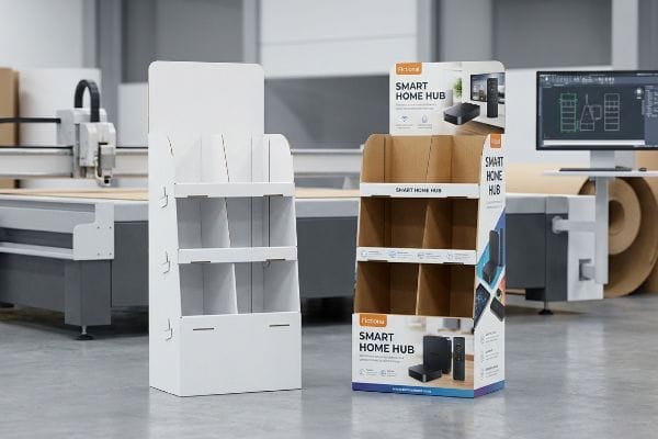 In a production facility, a white rapid sample and a printed Fictional Smart Home Hub custom cardboard display stand next to an automated die-cutting machine.