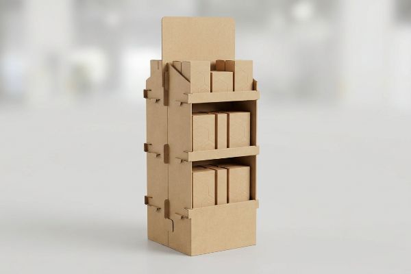 A freestanding corrugated cardboard point-of-purchase display with three tiers, each holding small brown boxes, for retail.