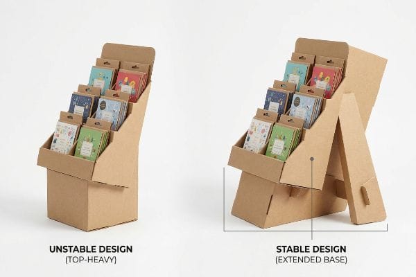 Aufsteller aus Naturkraftkarton im Vergleich: Ein instabiles Design (kopflastig) steht einem stabilen Design (verlängerter Sockel) für Verkaufskarten gegenüber.
