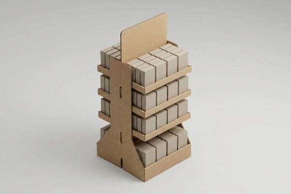 Corrugated cardboard end cap display stand filled with rows of small beige boxes, featuring a blank header for branding.