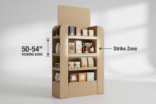 Kraft cardboard retail display highlights the 50-54 inch Viewing Band and Strike Zone, featuring diverse products on illuminated shelves for optimal merchandising.
