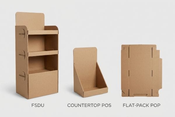 Drei Displays aus brauner Wellpappe, darunter ein freistehendes Display, ein Thekendisplay und ein flach verpacktes Verkaufsdisplay.