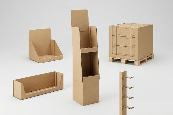 Brown corrugated cardboard retail displays including countertop, floor, pallet merchandiser, shelf tray, and clip strip units.