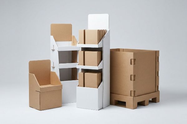 Brown and white cardboard retail displays: a countertop unit, floor stand merchandisers, and a large pallet display with small boxes.