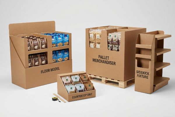 Brown corrugated cardboard retail displays, including a Floor Model with coffee and cookies, a Pallet Merchandiser with snacks, a Countertop Unit with nuts, and an empty Sidekick Fixture.