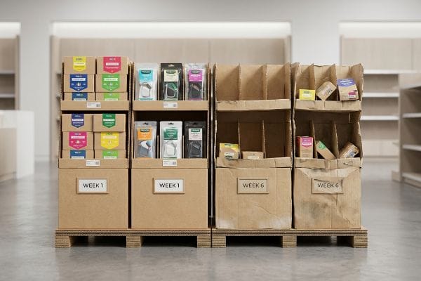 Retail Display Stock Rotation A retail display features cardboard boxes on pallets, organized by 'Week 1' and 'Week 6' stock rotation.