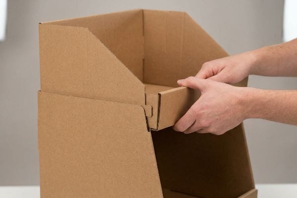 Hands assembling a brown corrugated cardboard dump bin, inserting a modular shelf piece into a pre-glued locking mechanism.