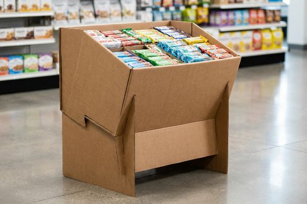 Within a retail store aisle, a brown corrugated cardboard dump bin display holds an array of colorful impulse snack bars.