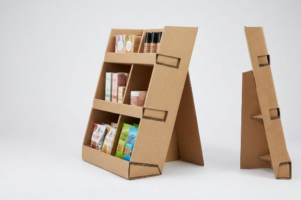 Brown corrugated cardboard counter display unit filled with cosmetics and snack bags, featuring an easel back design, next to an empty, similar display.
