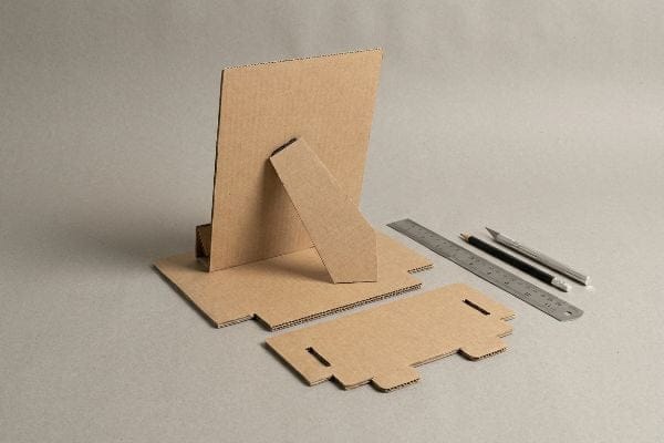 Corrugated cardboard DIY stand with easel back, flat components, ruler, pencil, and utility knife for prototyping stable displays.